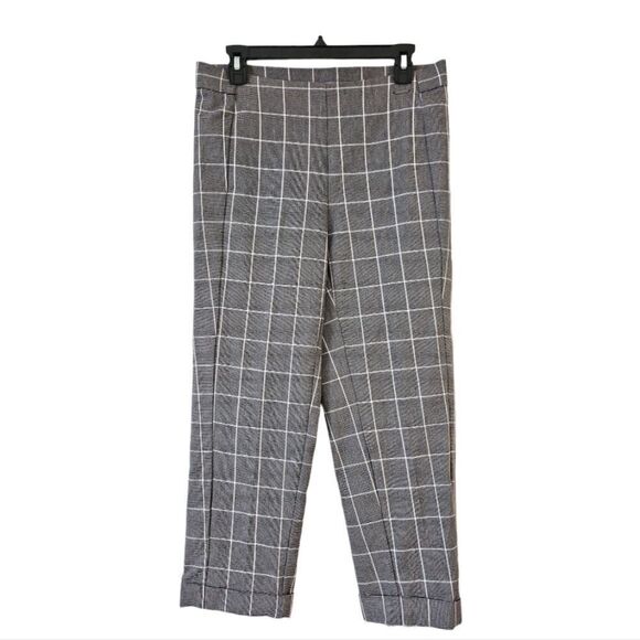 Anne Klein Women's Gray White Plaid Straight Leg Pull On Ankle Trousers Pants M - Picture 1 of 11